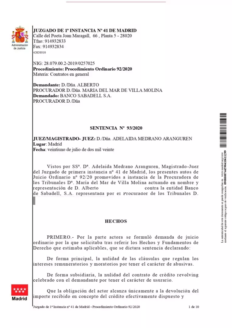 Sentencia emitida contra Banco Sabadell